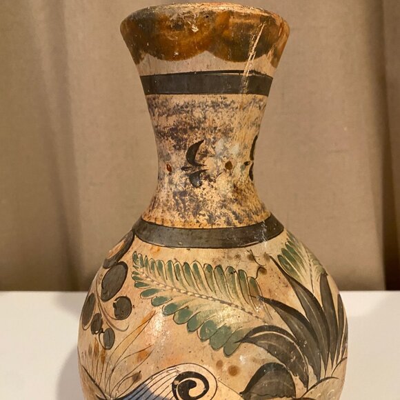 Vintage Tonala Mexican Pottery Vase - Hand-Painted Birds & Burn Scar, 8.5"x6" - Picture 3 of 8